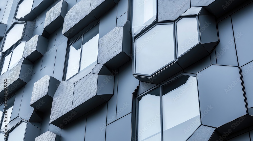 Poster Contemporary aluminum composite material architecture featuring a gray hexagonal textured surface on the exterior facade of the building