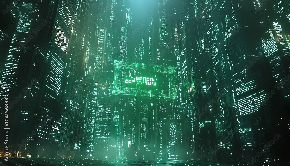 Leinwandbilder 3D visualization of AI text over a green digital code background, modern aesthetics, techfocused design, engaging and vibrant visuals