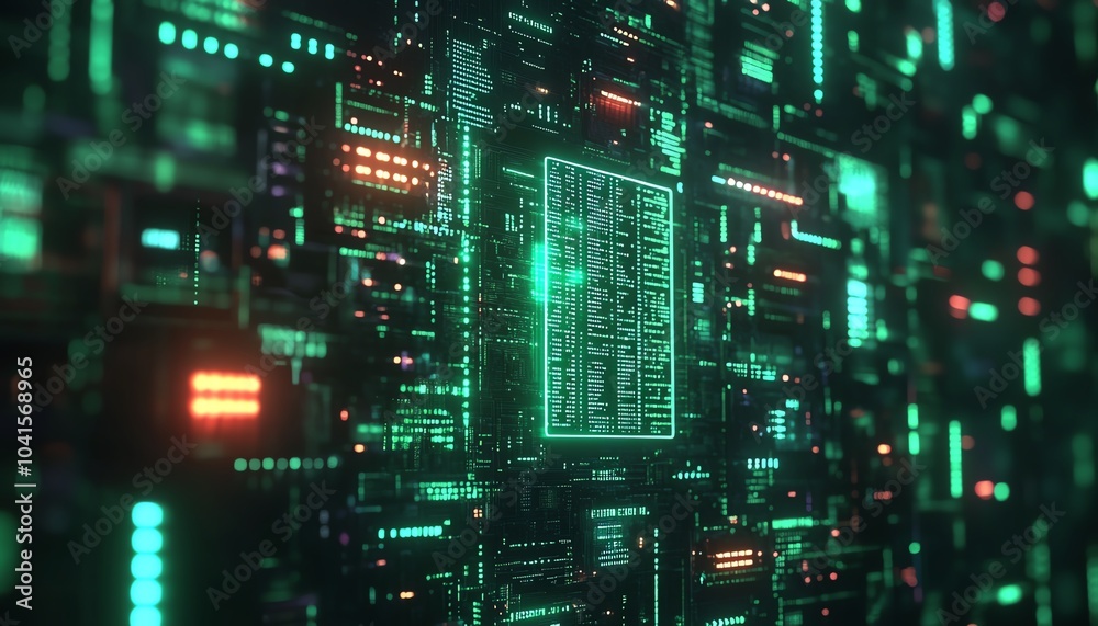Aufkleber 3D visualization of AI text over a green digital code background, modern aesthetics, techfocused design, engaging and vibrant visuals