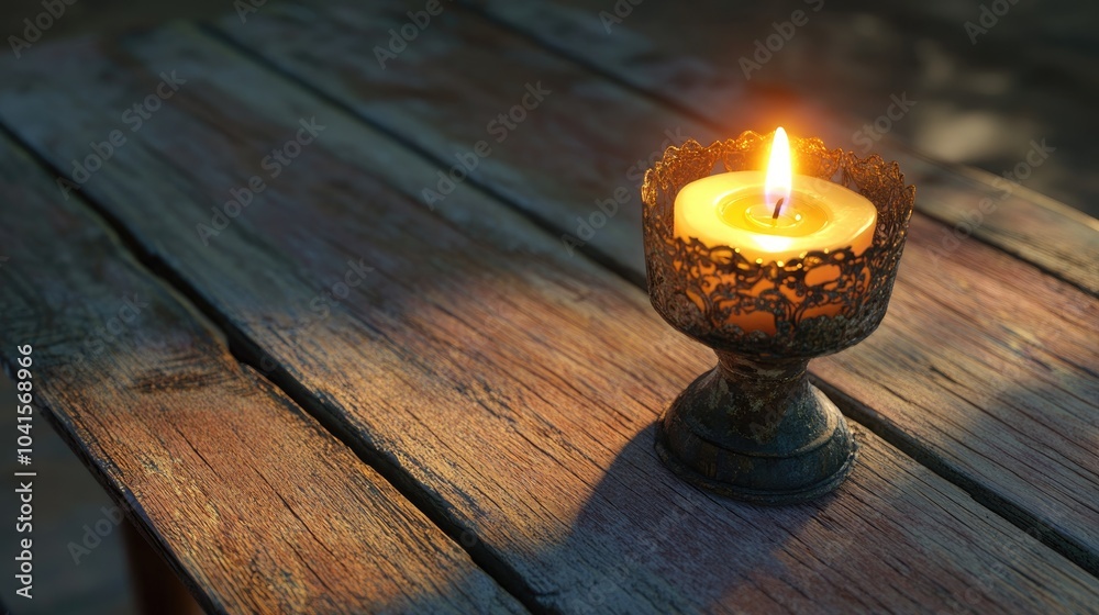 Poster a vintage scene features a lit candle in an ornate metal holder on a weathered wooden table creating