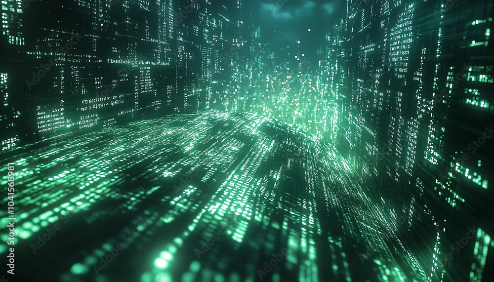 Aufkleber 3d visualization of ai text over a green digital code background, modern aesthetics, techfocused des