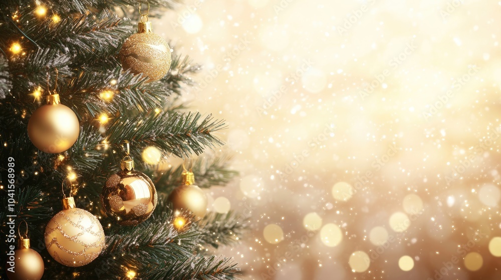 Aufkleber christmas tree adorned with golden baubles against a soft bokeh backdrop
