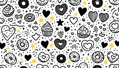 hearts donuts cupcakes and stars seamless doodle pattern in black and yellow