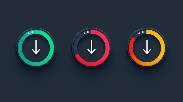 Round indicators with colored progress bars and downward arrows on a dark background