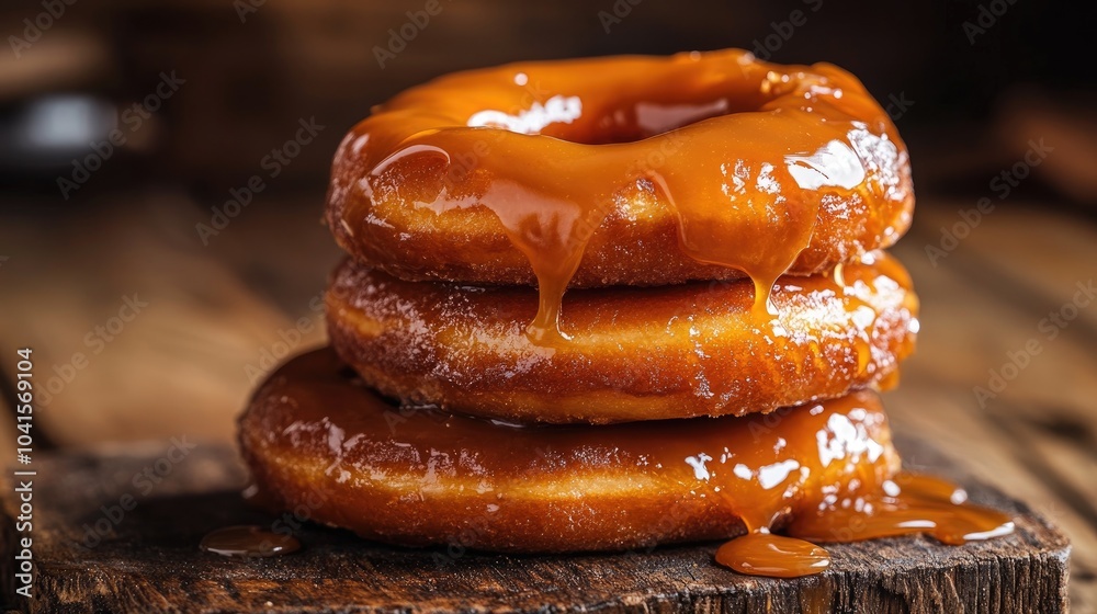 Aufkleber A stack of caramel glazed donuts sits on a rustic wooden surface with rich caramel dripping down the sides offering an enticing and visually appealing treat