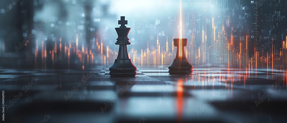 Poster Abstract chessboard with a luminous growing candlestick forex chart, blurry gray bokeh backdrop, strategic trading concept, 3D rendering, double exposure