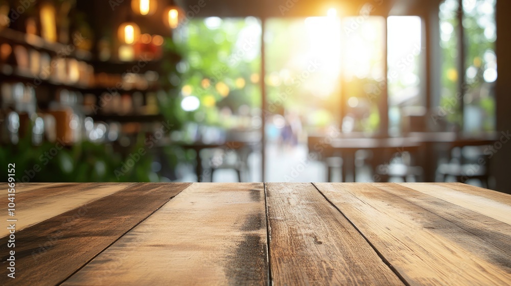 Aufkleber Abstract blurred wooden table texture with a clean office window backdrop creating a serene atmosphere for a Christmas breakfast scene in a modern grocery shop illuminated by soft summer light