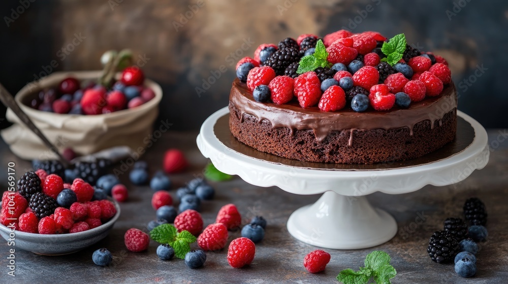 Poster A table adorned with a brownie cake and an array of fresh berries