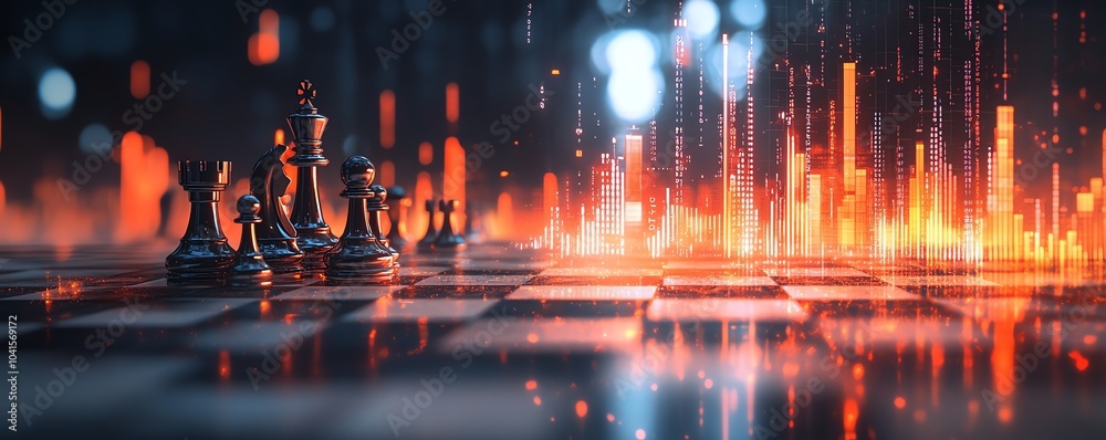 Fototapete abstract chessboard with a glowing candlestick forex chart overlay on a blurry gray bokeh background