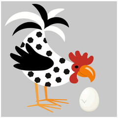Naklejka premium White rooster with black circles on a gray background and an egg
