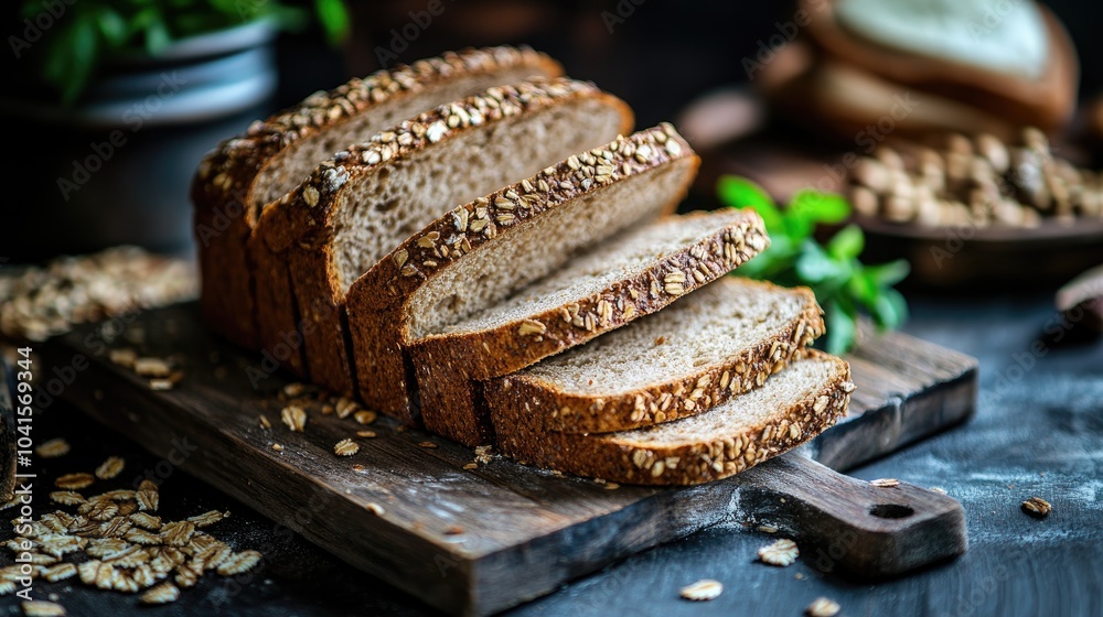 Poster Sliced whole grain bread displayed on a wooden table with a rustic dark backdrop