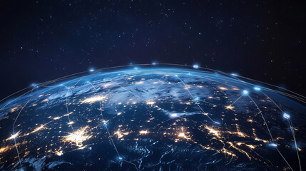 View of the Earth from space at night. Bright city lights and communication lines cross continents, highlighting global communication networks against the dark background of the starry sky.