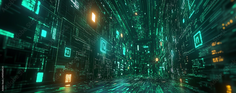 Aufkleber ai text integrated with a green digital code background, 3d rendering, sleek and futuristic design, 
