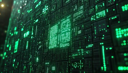 Obraz premium AI text with glowing effects on a green digital code background, 3D rendering, sleek and modern design, techinspired visuals, vibrant colors