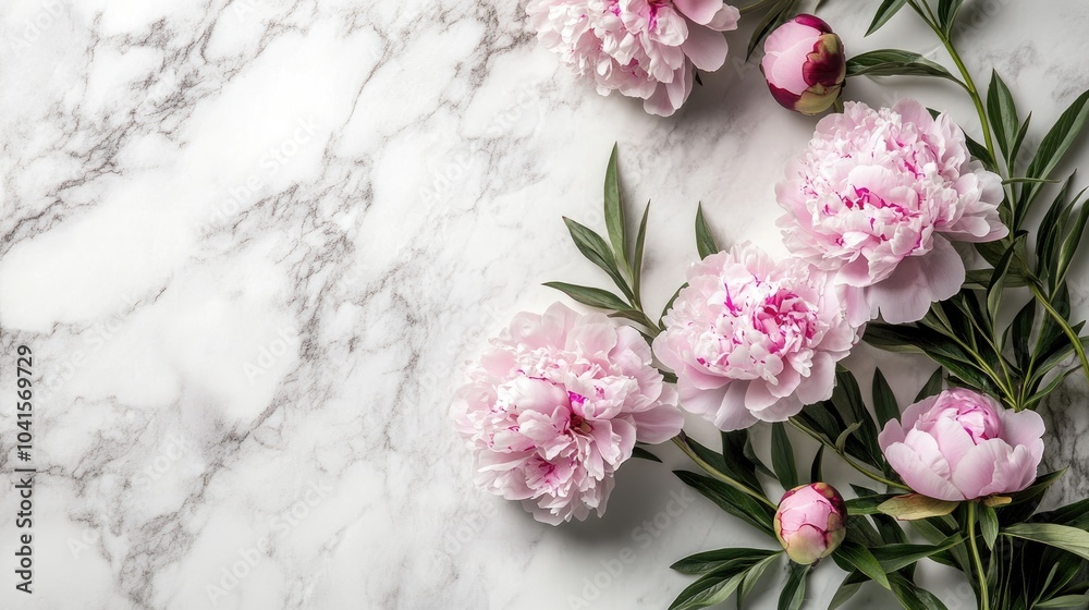 Aufkleber pink peonies against a soft marble background space for text flat lay composition