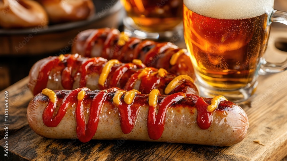 Poster sizzling sausages topped with ketchup and mustard served alongside a refreshing mug of beer