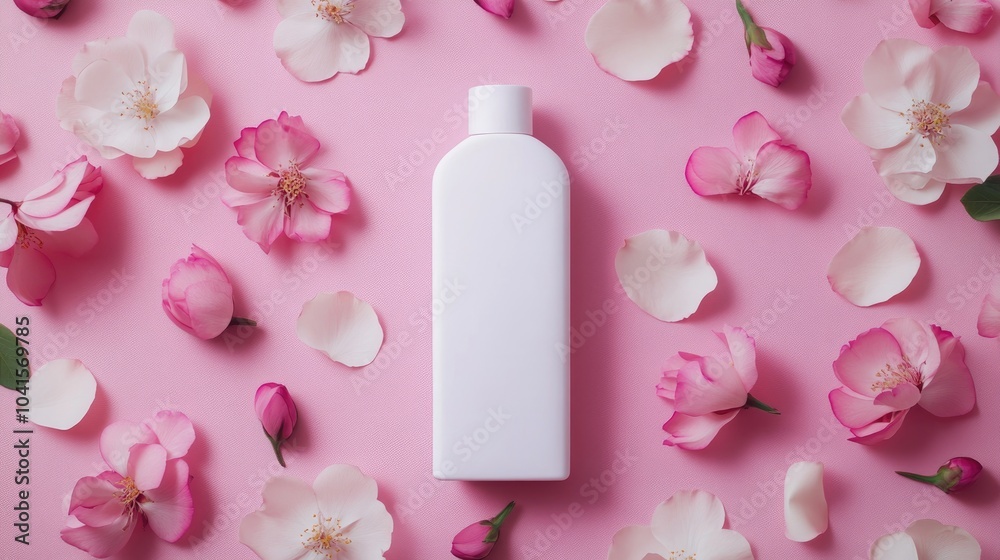 Aufkleber minimalist shampoo bottle with an empty white label set against a pink background adorned with petal