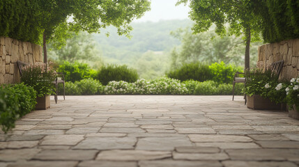 Fototapeta premium Stone Pathway Leading to a Lush Garden View