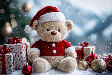 Christmas teddy bear wearing santa claus outfit and hat sitting among gifts, and presents outdoors. Generative Ai