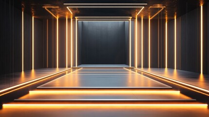 A stylish runway scene featuring gold line accents and an illuminated stage platform in a modern environment