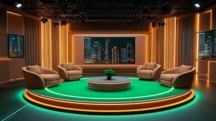 TV studio set with circular seating area and cityscape background