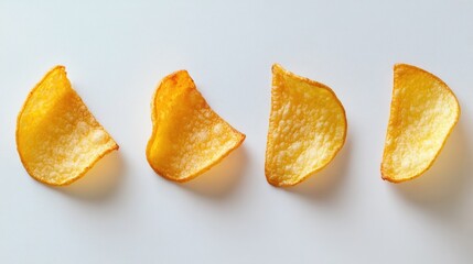 Four potato chips lined up on a white background viewed up close Snack food theme