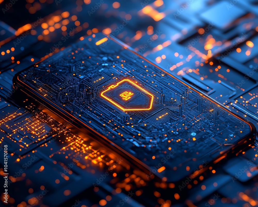 Leinwandbilder cybersecurity icon displayed on a smartphone screen against a digital wireframe background, 3d rende
