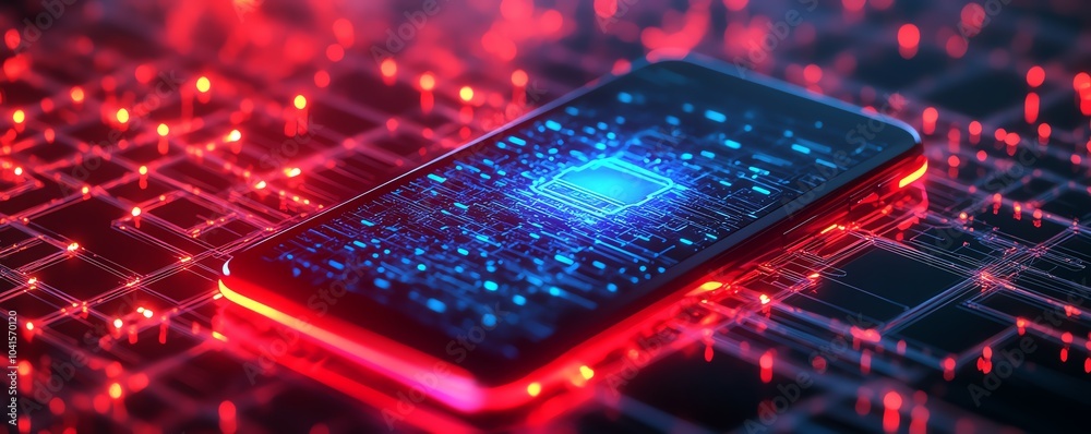 Poster cybersecurity icon on a smartphone with an intricate wireframe background, 3d rendering, contemporar