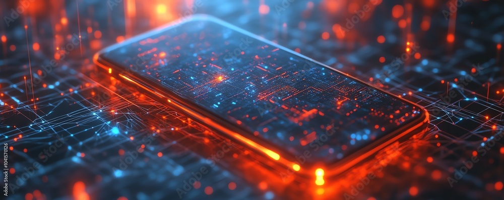 Poster cybersecurity icon on a smartphone with an intricate wireframe background, 3d rendering, contemporar