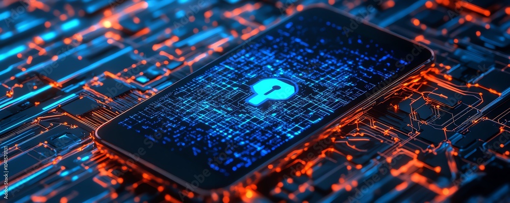 Poster cybersecurity icon on a smartphone with an intricate wireframe background, 3d rendering, contemporar