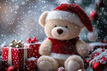 Christmas teddy bear wearing santa claus outfit and hat sitting among gifts, and presents outdoors. Generative Ai