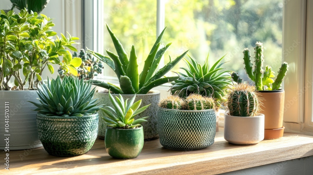 Poster green cactus and succulents arranged on a wooden table by the window featuring a soft background per