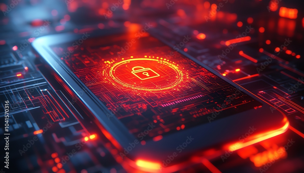 Fototapete digital wireframe background with a smartphone displaying a cybersecurity icon, 3d rendering, contem