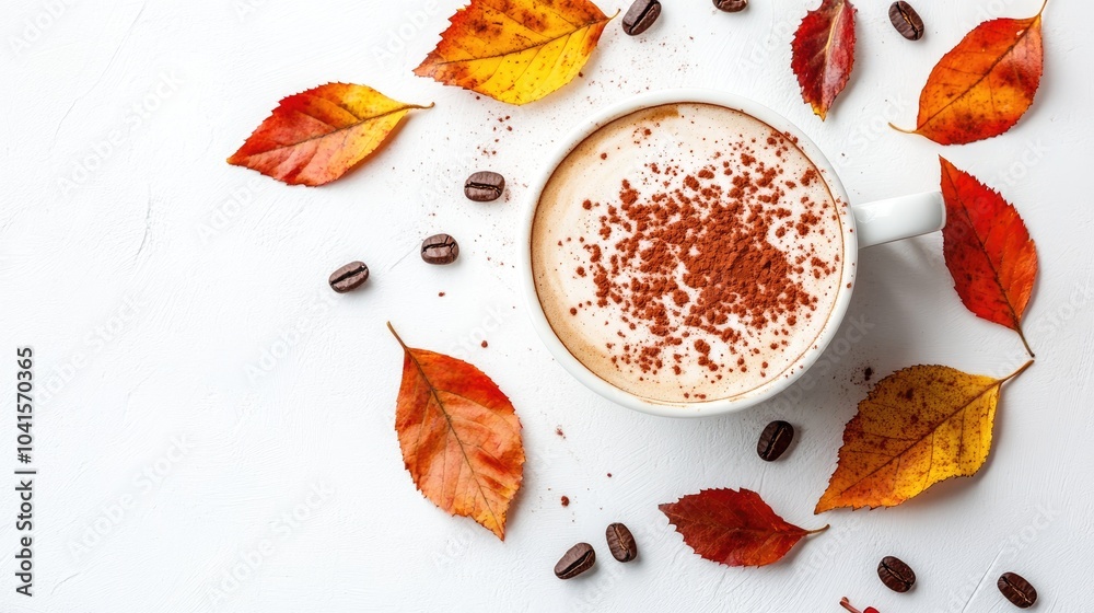 Poster Cappuccino topped with cocoa powder and autumn leaves arranged on a white background in a flat lay perspective