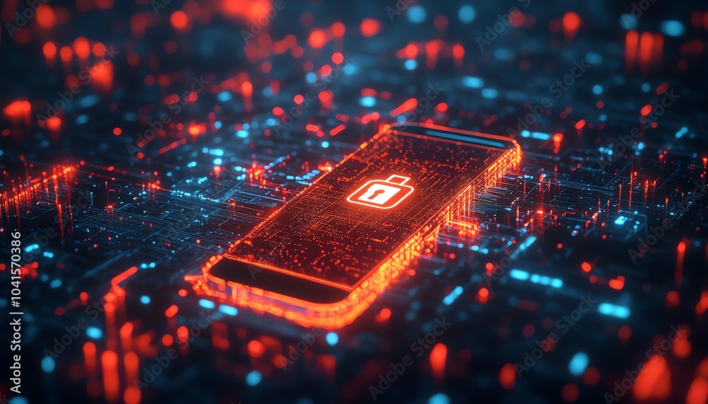 Fototapete digital wireframe background with a smartphone displaying a cybersecurity icon, 3d rendering, contem