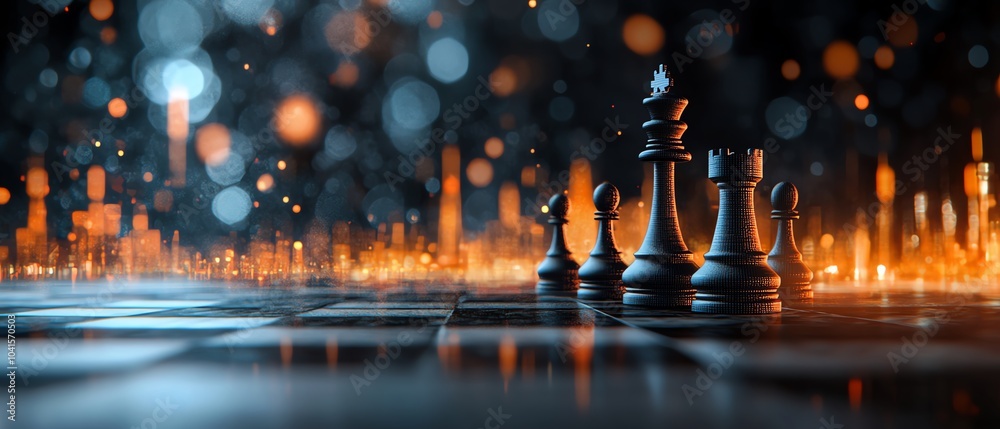 Leinwandbilder glowing candlestick forex chart overlaid on an abstract chessboard with a blurry gray bokeh backgrou