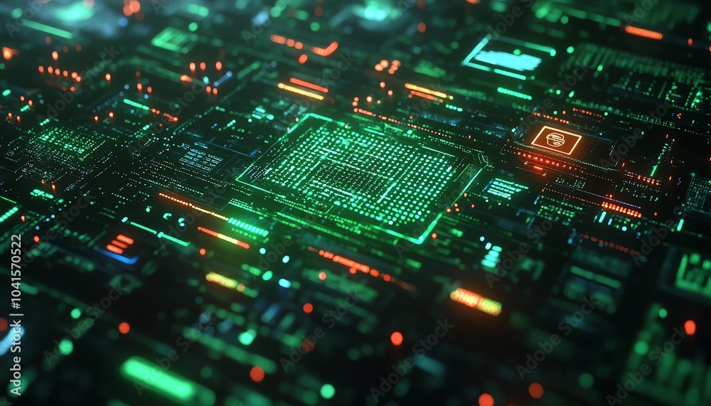 Aufkleber futuristic ai text overlaid on a green digital code background, 3d rendering, modern and organized l