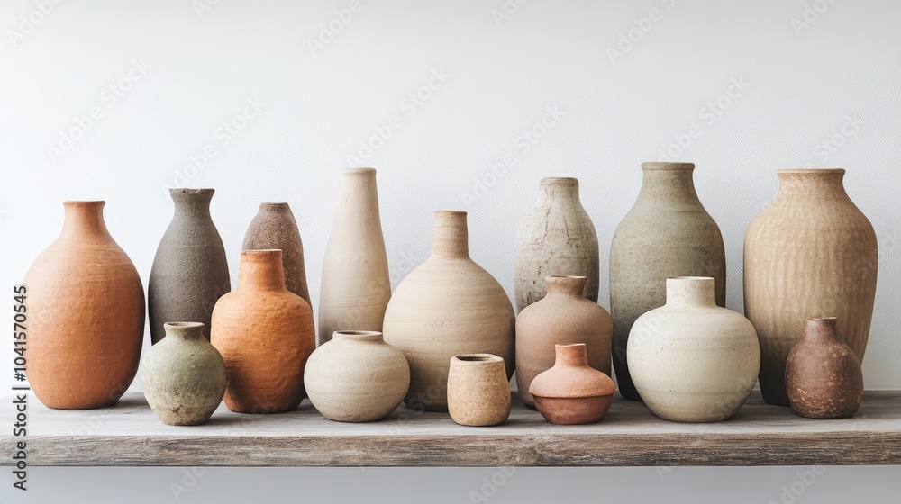 Poster Assorted clay vases arranged on a shelf with a white backdrop