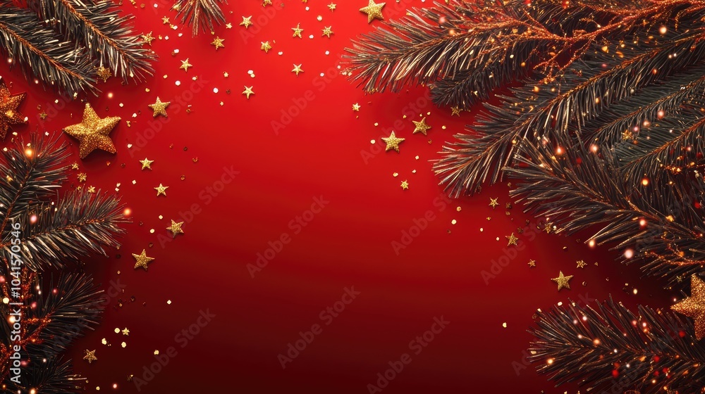Poster festive banner for christmas and new year featuring a border of soft gold fir branches and scattered