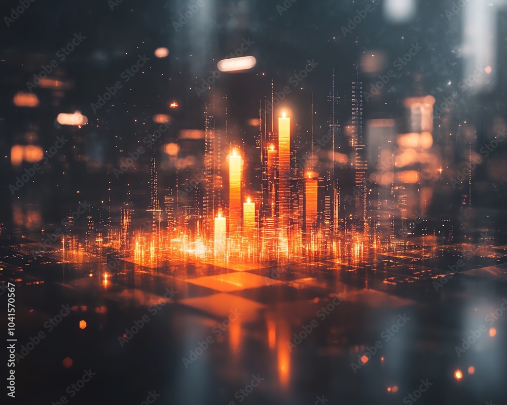 Leinwandbilder glowing candlestick forex chart on an abstract chessboard with a soft gray bokeh background, 3d rend