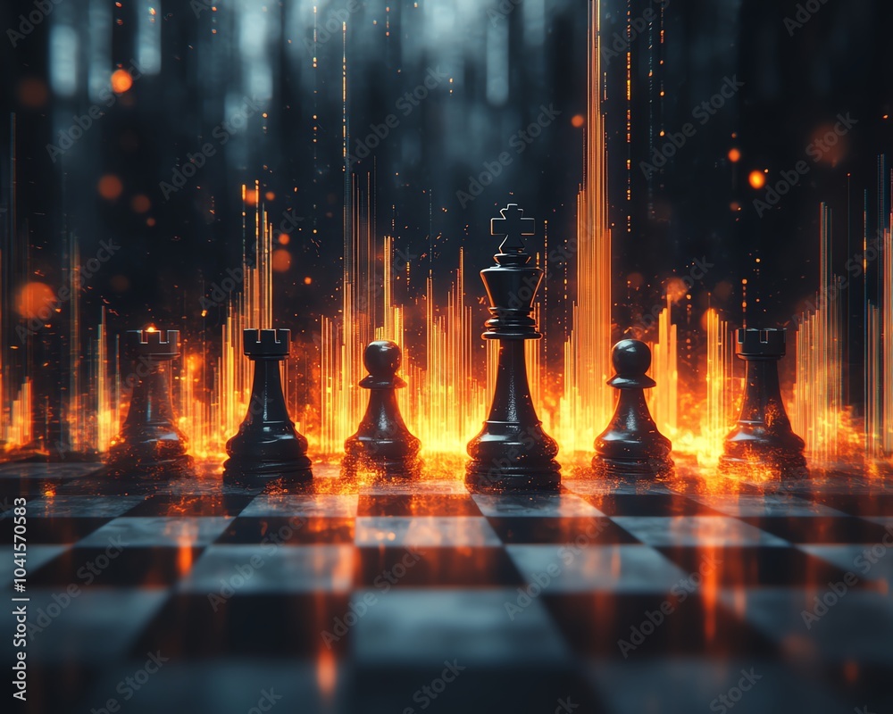 Leinwandbilder glowing candlestick forex chart on an abstract chessboard with a soft gray bokeh background, 3d rend