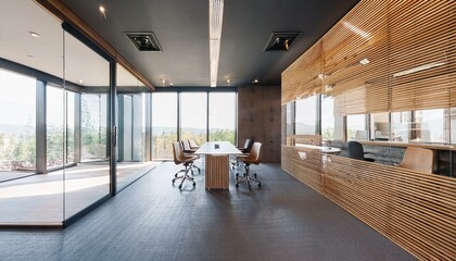 Clean wooden, concrete and glass meeting room interior with furniture and partitions. Workplace concept. 3D Rendering.