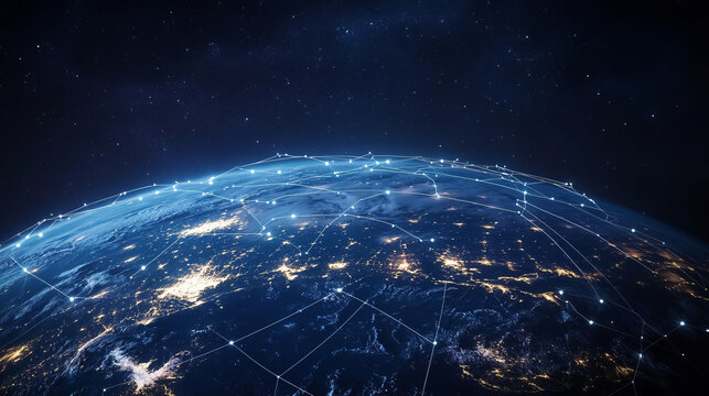 The earth, illuminated by city lights, is visible from orbit. Communication lines, like light tracks, connect different continents, creating an image of a global network in the night silence of space.