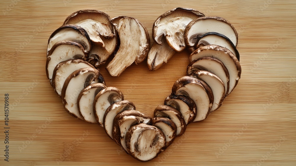 Poster sliced shiitake mushrooms arranged in a heart shape on a wooden cutting board