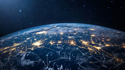Nighttime image of the Earth from space with bright lights of cities connected by light lines that emphasize global communications and modern technologies.