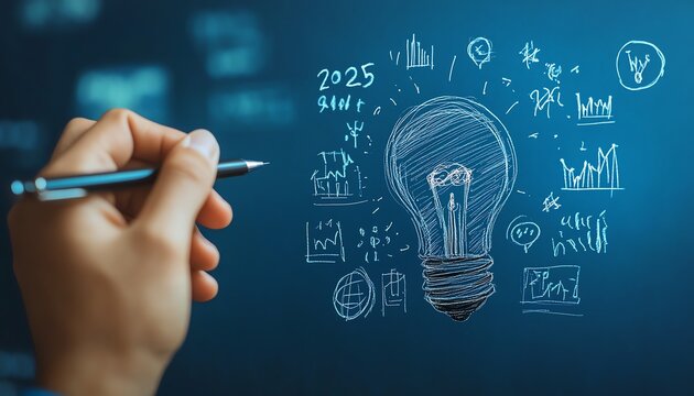 Male hand creating a 2025 year planning sketch on a blue background, focus on countdown and strategic business goals, Happy New Year theme
