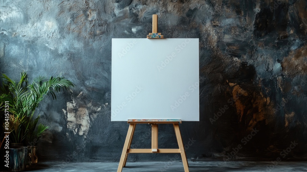 Poster easel featuring a blank white canvas against a textured gray backdrop providing a space for artwork 