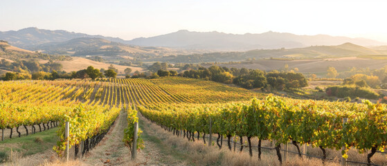 Fototapeta premium Golden autumn vineyard with rows of grapevines stretching across rolling hills, bathed in warm sunlight, creating serene and picturesque landscape