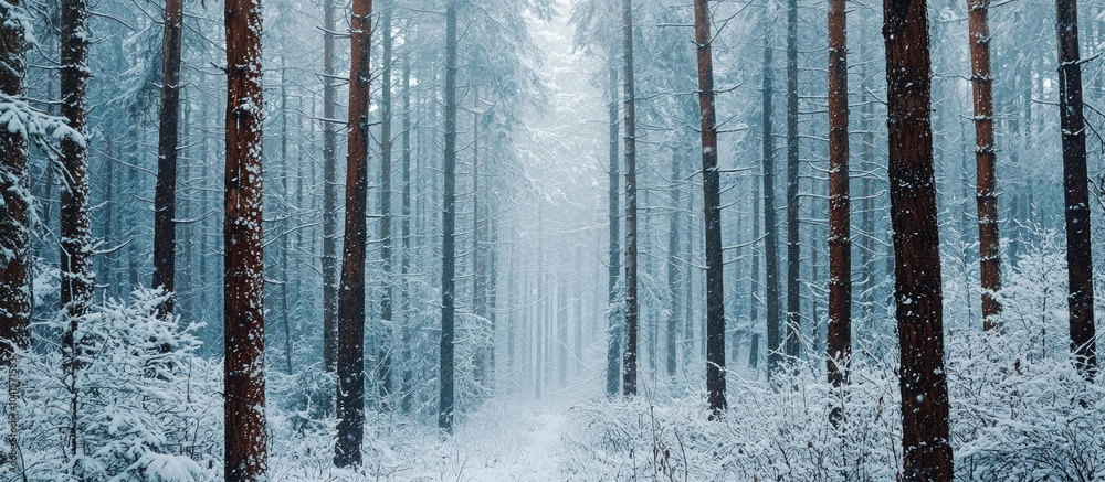 Poster a closeup shot of trees in the forest covered in snow in winter