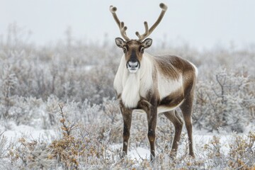 Obraz premium painting-A majestic caribou standing amidst a frosty tundra, against a pale gray backdrop
